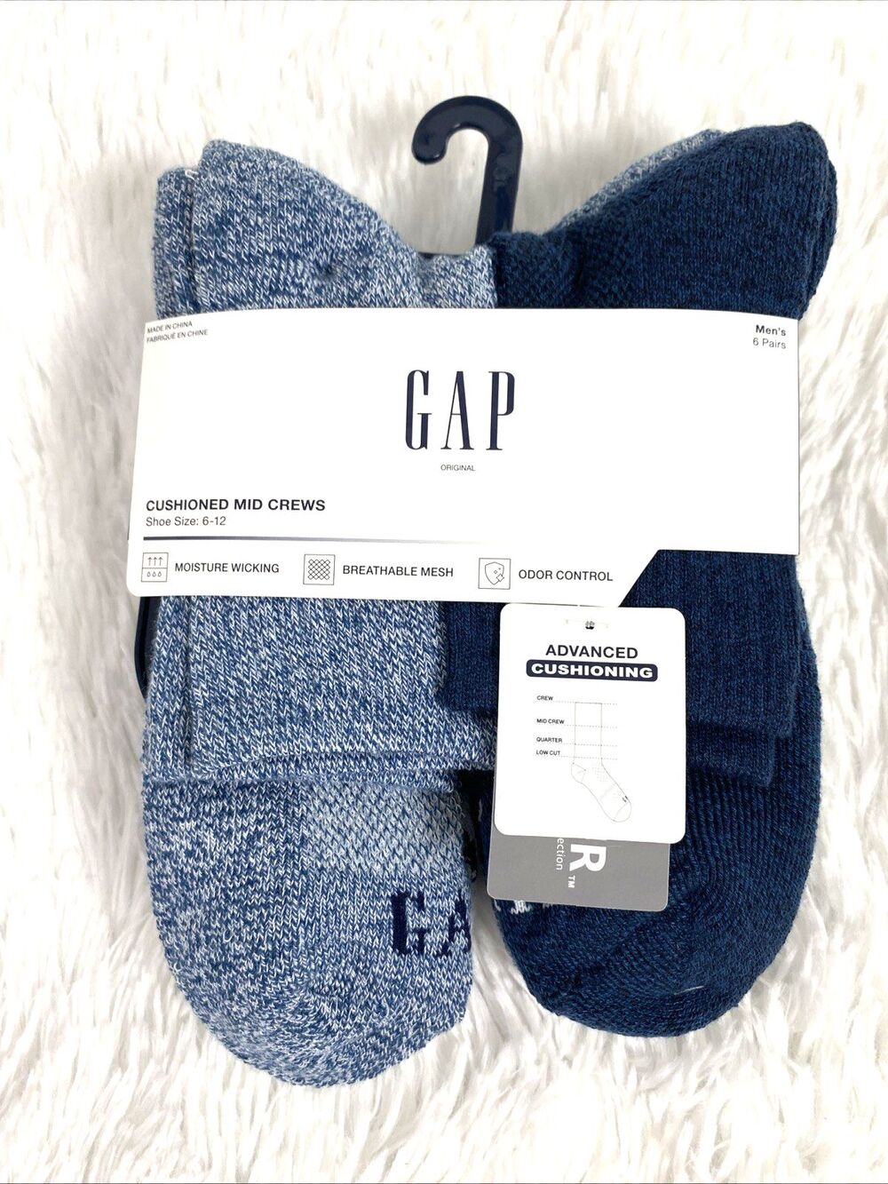 Gap Socks Men’s 6 Pair Navy Blue White Cushioned Mid Crews Casual Size 6-12